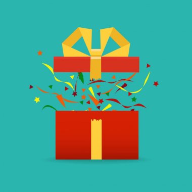 Açık hediye kutusu, sürpriz, doğum günü, tatil kavramı. Vektör