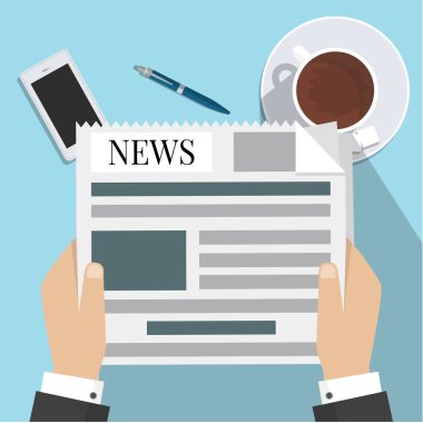 İşadamı gazete tutan eller. Haber kelimeler, kahve arası