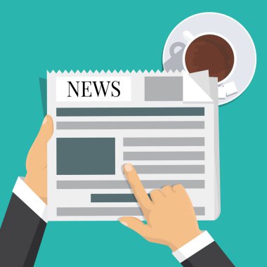 İşadamı gazete tutan eller. Haber kelime, kahve molası, l