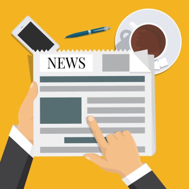 İşadamı gazete tutan eller. Haber kelime, kahve molası, l