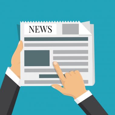 İşadamı gazete tutan eller. Haber kelimeler, kahve arası