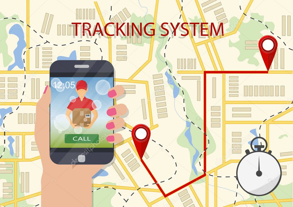 Package tracking. Order tracking app concept. Hand holding mobil