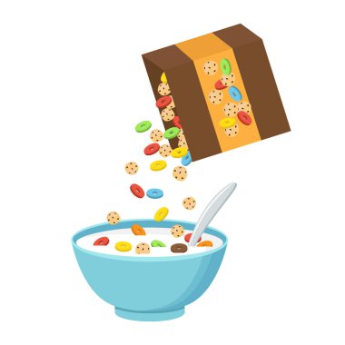 Süt, beyaz arka plan üzerinde izole güler yüzlü bir kase mısır gevreği. Co