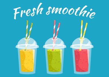 Çizgi film vektör çizim. Smoothies şeffaf plastik