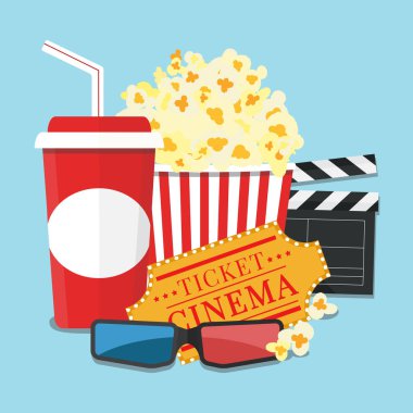 Vektör çizim. Patlamış mısır ve içki. Film şeridi sınır. Cinem