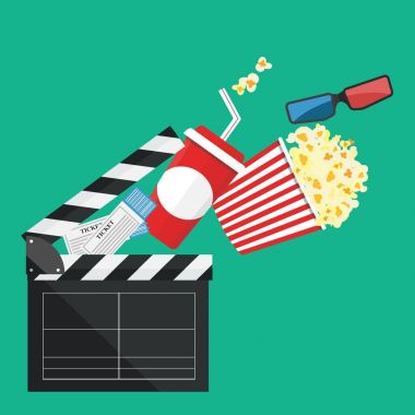 Vektör çizim. Patlamış mısır ve içki. Film şeridi sınır. Cinem