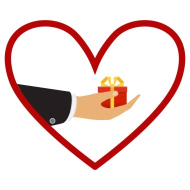 Vektör. Belgili tanımlık kutu, tutan eli hediye. Düz stil. 