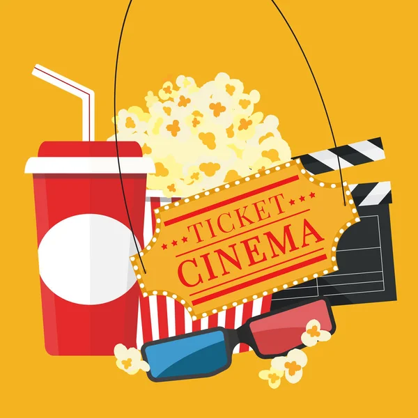 Illustrazione vettoriale. Popcorn e bevande. Bordo della striscia. Cinema. — Vettoriale Stock