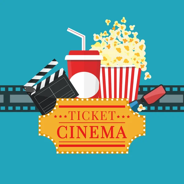 Vector illustration. Popcorn and drink. Film strip border. Cinem — Stock Vector