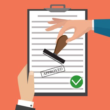 Vektör düz çizim. Onaylanmış kağıt belge, yeşil onaylı