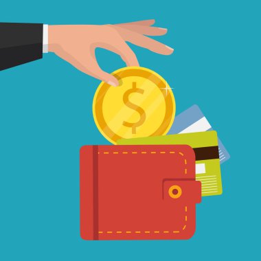 İş adamı elinde altın sikke. Arka plan üzerinde izole. Vektör çizim.