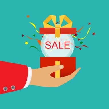 İndirim ve alışveriş kavramı. Vektör. Bir satış rozet tutan el.