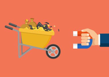 Çizgi film vektör düz stil çizim. El arabası sikke ve toprak dolu.