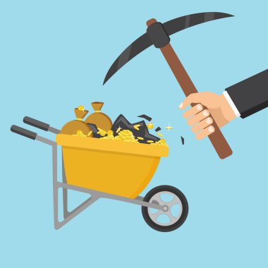 Çizgi film vektör düz stil çizim. El arabası sikke ve toprak dolu.