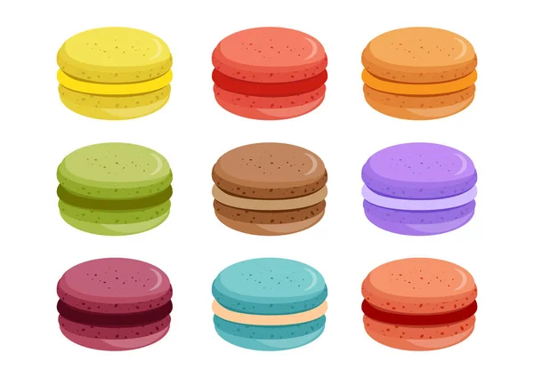 Süßigkeiten, Makronen in verschiedenen Geschmacksrichtungen. Bäckerei. Vektor illustratio — Stockvektor