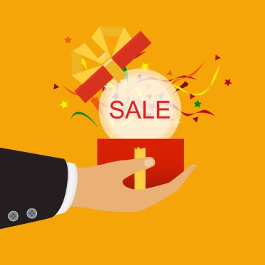 İndirim ve alışveriş kavramı. Vektör. Bir satış rozet tutan el.