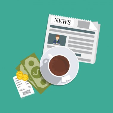 Para hizmet için. Vektör çizim. Fincan kahve, para ve para, onay ile. 