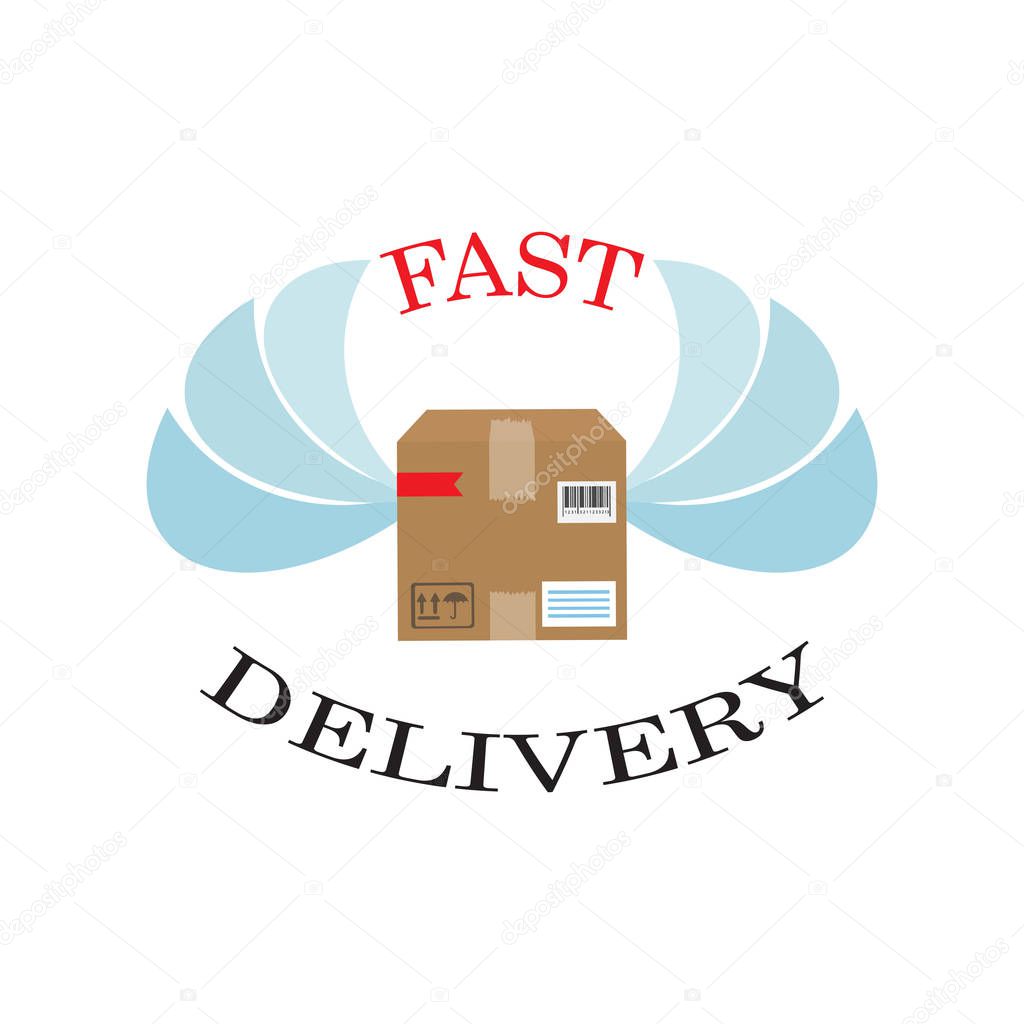  Parcel with wings flies in the sky. Vector illustration. Fast 