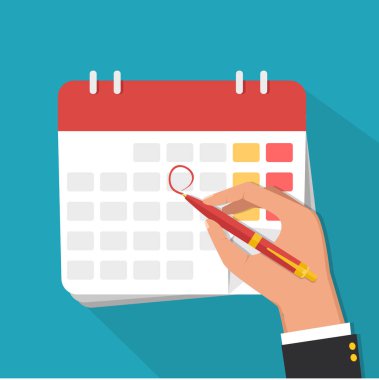 Vektör düz çizim. İşadamı el kalem işaretleri takvim.