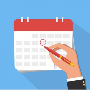 Vektör düz çizim. İşadamı el kalem işaretleri takvim.