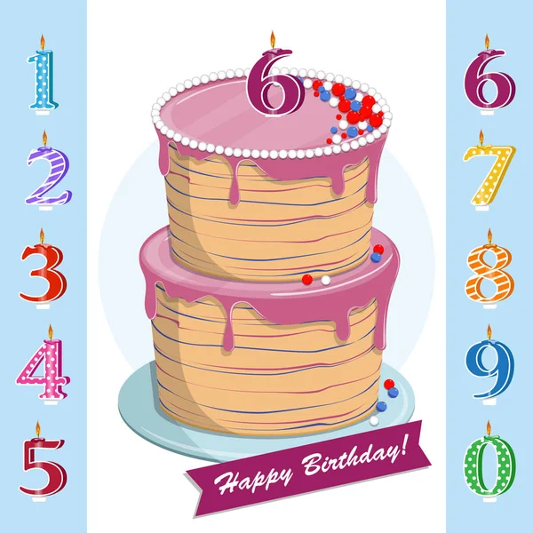 Joyeux gâteau d'anniversaire avec des chiffres de bougies pour chaque année. Vecteur — Image vectorielle