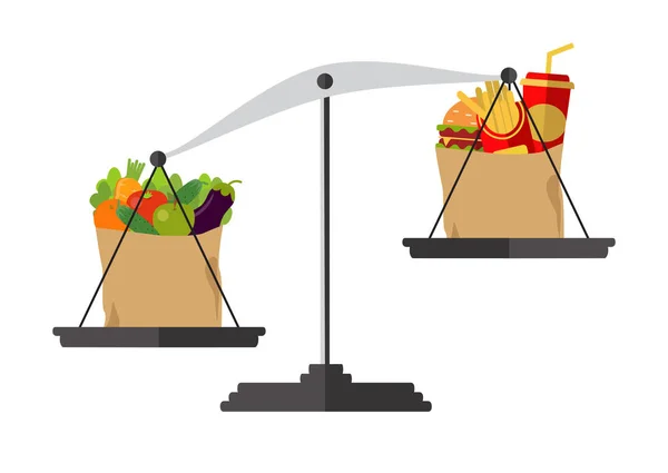 Grönsaker Och Snabbmat Skalor Vektor Begreppet Hälsosam Livsstil Kost Viktminskning — Stock vektor