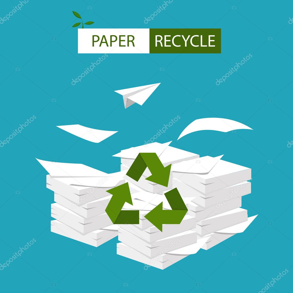 Vector. Paper recycling concept. Big stacks of papers with recycle sign. 