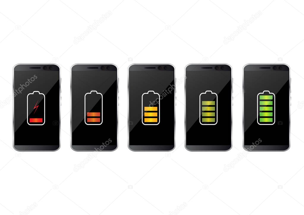 Smartphone with battery charge level indicators isolated on back