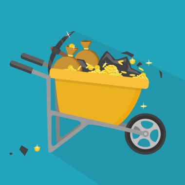 Çizgi film vektör düz stil çizim. El arabası sikke ve toprak dolu.