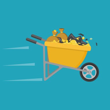 Çizgi film vektör düz stil çizim. El arabası sikke ve toprak dolu.