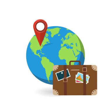 Yaz saati, tatil, turizm kavramı. Vektör illustraton. Seyahat çantası, Bagaj. Elini çıkartmaları bavulla tutar. Düz stil tasarım. 