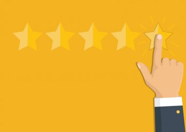 Müşteri değerlendirme konsepti. Vektör. Altın yıldızları derecelendiriyorum. Geri bildirim, itibar ve kalite kavramı. El işareti, parmak işareti beş yıldız puanı. 
