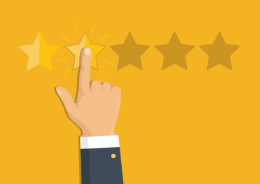 Müşteri değerlendirme konsepti. Vektör. Altın yıldızları derecelendiriyorum. Geri bildirim, itibar ve kalite kavramı. El işareti, parmak işareti beş yıldız puanı. 