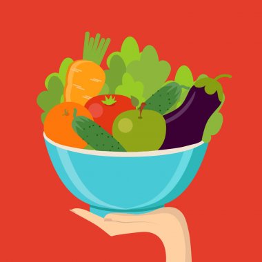 Sağlıklı beslenme kavramı. El holding organik ürünler. Taze meyve ve sebze. Vektör düz tasarımı