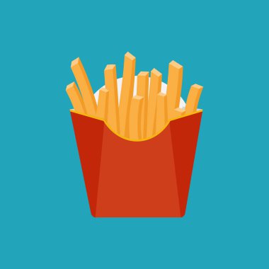 Fast food kavramı. Vektör çizim. Patates kızartması kağıt kutusunda, izole simgesi.