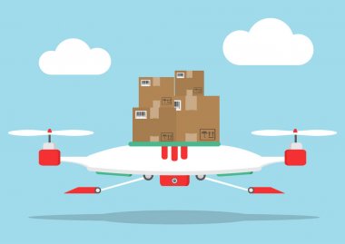 Dron parsel sunar. Hızlı, kavramı ücretsiz teslimat, hediye. Vektör çizim