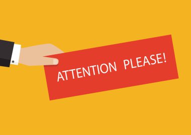 Lütfen dikkat ile banner tutan el. Vektör çizim