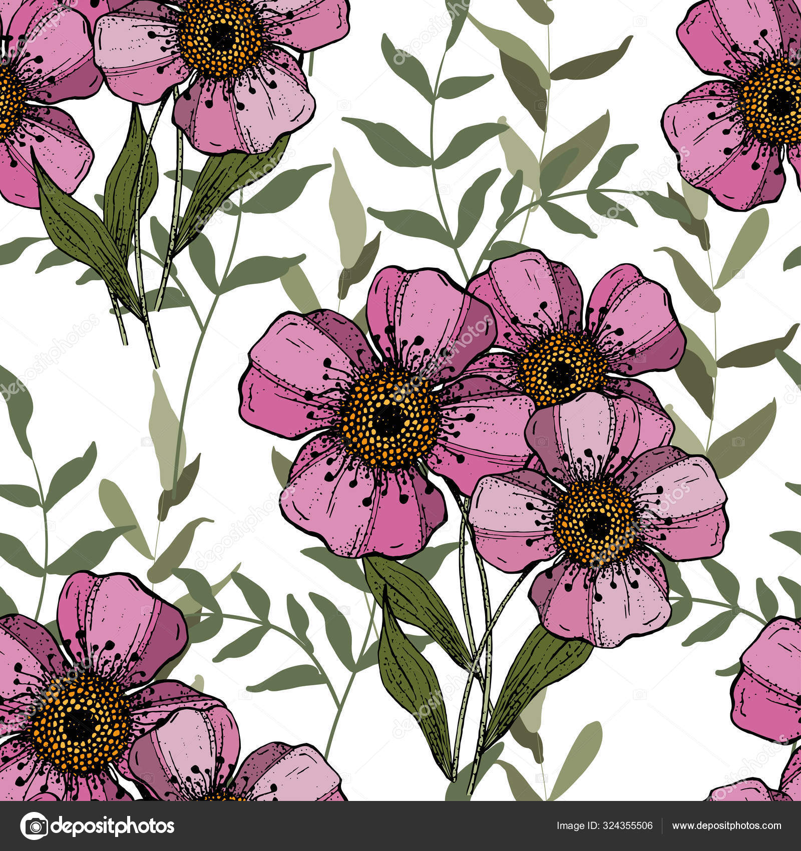 緑の葉を持つ植物のピンクの花の花束 手描きベクトル 無料のストックベクター C Juliasart