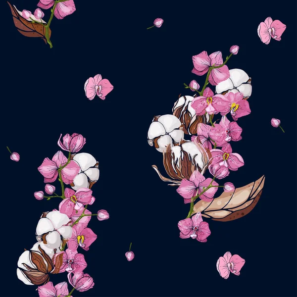 Ilustración vectorial dibujada a mano. Patrón floral de moda con orquídeas — Vector de stock