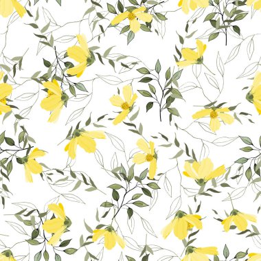 Elle çizilmiş suluboya tarzında doğal çiçek arkaplan deseni. Orman tropikal yaprağı ve sarı yaz çiçekleri olan taşıyıcı yapraklar. Botanik hipster, düğün kartları için sade ve sade baskı..