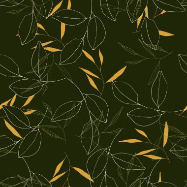 Vektör tropikal duvar kağıdı. Koyu yeşil arka planda modern soyut bahçe çiçekleri veya botanik çizimler. Sarı ya da turuncu yaz yaprakları, elde pürüzsüz bir desen çizilmiş.