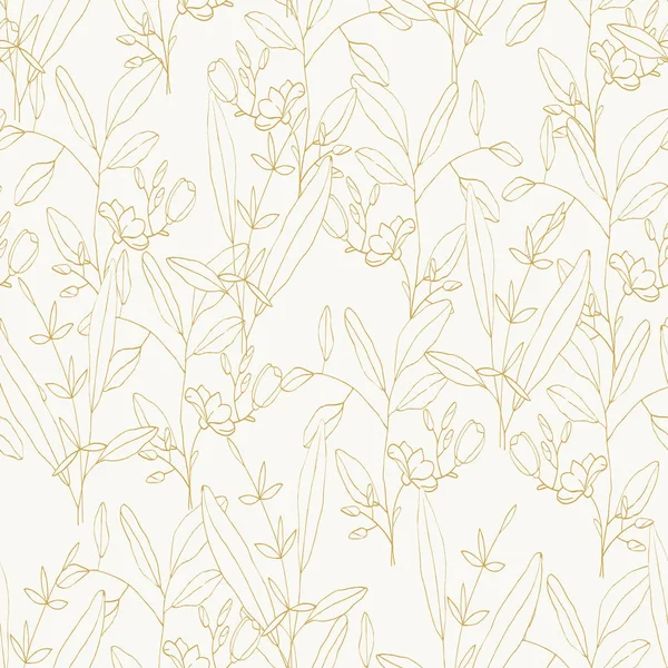 Сельский Винтажные Золотые Листья Ручной Набросок Цветов Бесшовный Узор Белом — стоковый вектор