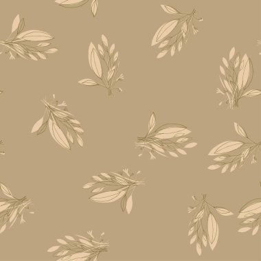 Vektör el, Hawaii yeşillikleri, tropik palmiye bitkileri ve yaz veya bahar yapraklarıyla plaj yeşilliği deseni çizmiş. Pastel, kahverengi, yeşil ve sarı egzotik doğa sanatı