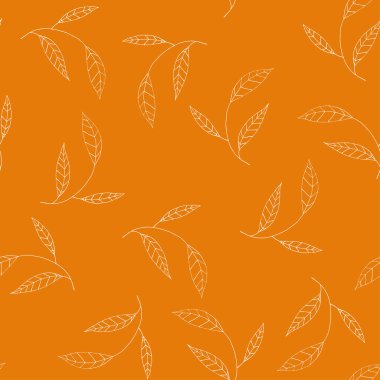 Vektör tropikal duvar kağıdı. Portakal arka planında modern soyut bahçe çiçekleri veya botanik çizimler. Beyaz yaz yaprakları, elle çizilmiş şekillerde pürüzsüz desen 