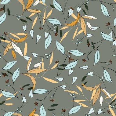 Romantik sarı ve turuncu el izi, pürüzsüz desen, karalama dokusu. Sonbahar bahçesi, yapraklar sonsuz bir konsept. Pastel yeşil arka planda eskiz bkue bitkileri ya da bitkiler koleksiyonu