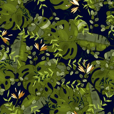 Palmiye ağacı vektör deseni. Sarının, turuncu çiçeklerin gerçekçi, pürüzsüz el yazısıyla boyanması. Tropik Karayipler ya da Hawaii tasarımı. Papatya ve orman yaprağı el yapımı elementler. 