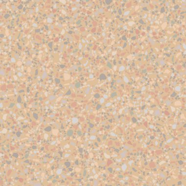Zemin kat Venedik terrazzo pürüzsüz desen. Doğal gerçekçi taş taklidi, mermer konfeti arka planı. Granit, beton, turuncu mozaik, çakıl taşı, pastel kuvars şeklindeki vektör yüzey dokusu.