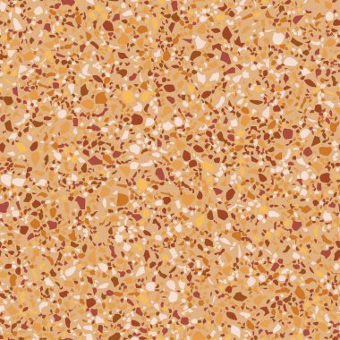 Döşeme turuncu Venedik terrazzo dikişsiz desen. Doğal gerçekçi taş taklidi, mermer konfeti arka planı. Granit, beton, kahverengi mozaik, çakıl taşı, kuvars şeklindeki vektör yüzey dokusu.