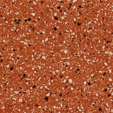 Zemin kat Venedik terrazzo pürüzsüz desen. Doğal gerçekçi taş taklidi, mermer konfeti arka planı. Granit, beton, kırmızı mozaik, çakıl taşı, turuncu kuvars şeklindeki vektör yüzey dokusu.