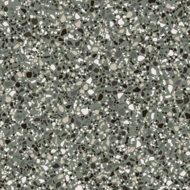 Döşeme gri Venedik terrazzo pürüzsüz deseni. Doğal gerçekçi taş taklidi, mermer konfeti arka planı. Siyah beyaz granitin vektör yüzey dokusu, beton, mozaik fayans, çakıl taşı, kuvars şekli.